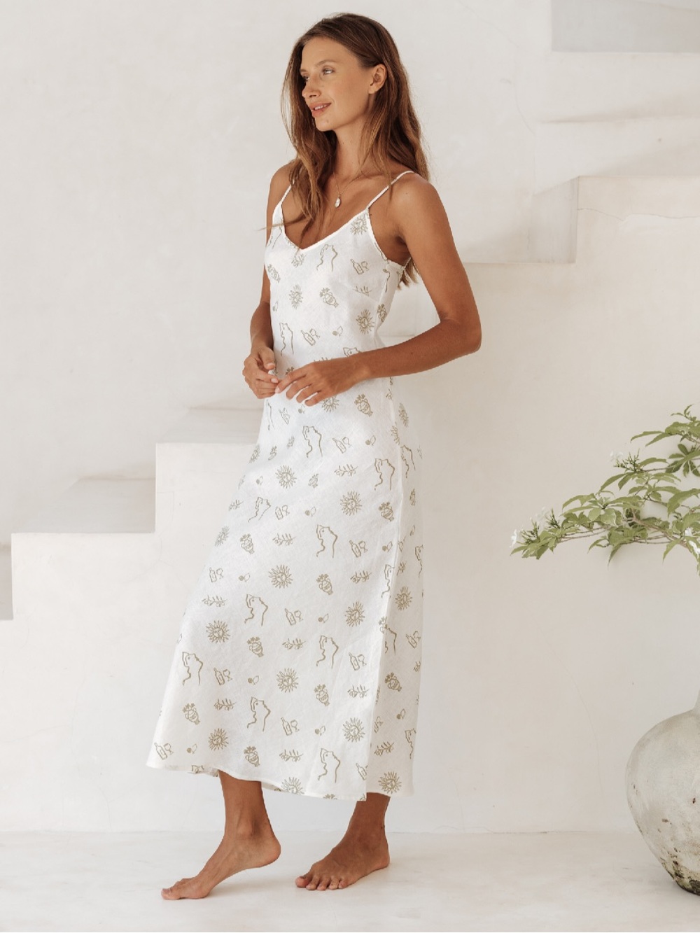100% Linen Like New - Off-White Amalfi Print Bias-Cut Slip Dress